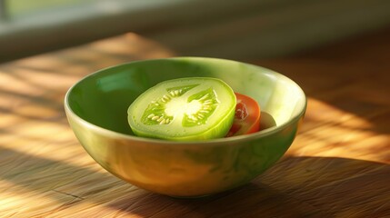 Canvas Print - A green tomato slice from the Up board placed in a cartoon bowl