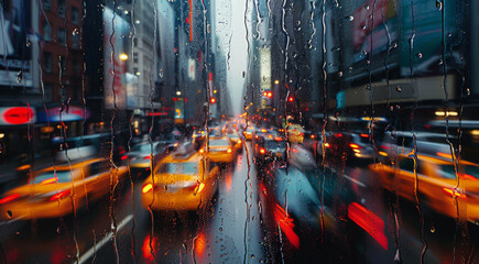 Aufkleber - Looking out a wet window at a contemporary, bustling city street in the rain blurred by distance and raindrops. Generative AI.
