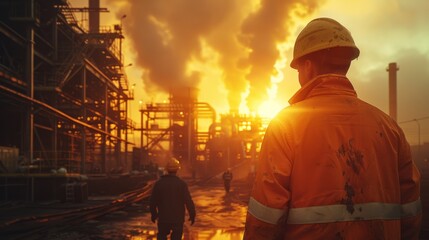 Poster - Construction workers wearing a hard hats, working in a hot metal foundry. It is an extremely hot day. Generative AI.