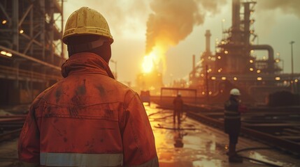 Poster - Construction workers wearing a hard hats, working in a hot metal foundry. It is an extremely hot day. Generative AI.