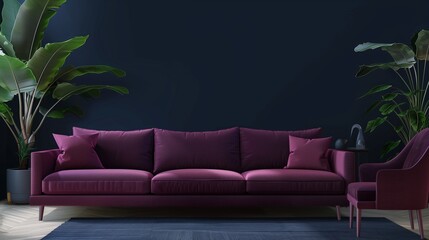 Wall Mural - Huge modern living room with viva magenta trend accent sofa and details. Large dark blue navy background and chair. Mockup premium interior lounge design office or home. 3d