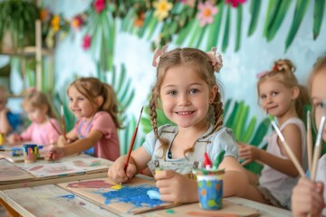 Wall Mural - A group of children are painting and smiling