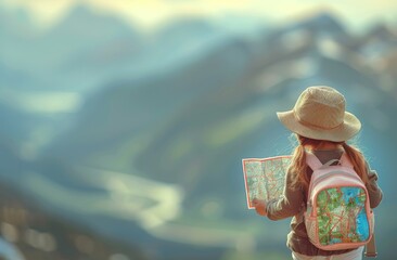 Sticker - A young girl is looking at a map while wearing a hat and carrying a backpack