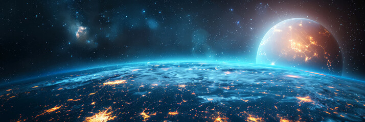 Wall Mural - earth from space with city lights and a distant glowing planet, ideal for futuristic or sci-fi theme