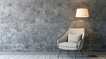 Wall Mural - Interior design of modern armchair and lamp against a grey wall