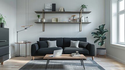 Wall Mural - Interior of light living room with black sofa, shelving unit, coffee table and modern laptop