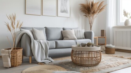 Wall Mural - Interior of light living room with grey sofa, coffee table and wicker basket