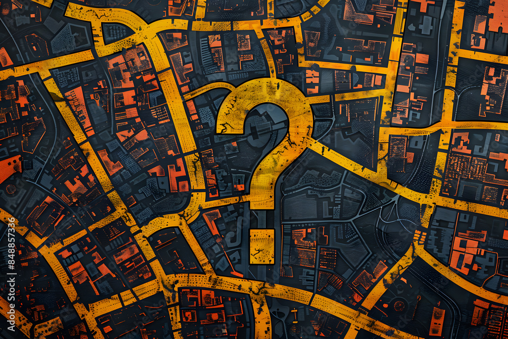 A top-down view of a futuristic city map with a glowing question mark ...