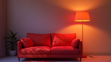 Wall Mural - Interior of living room with glowing stand lamp and red sofa