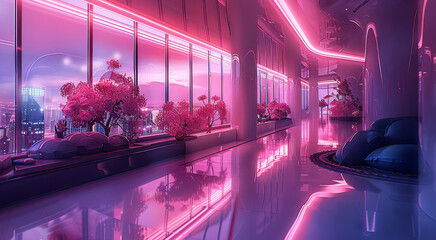 Poster - Room scene illustration, futuristic scene, pink and indigo, vibrant cityscapes. Generative AI.