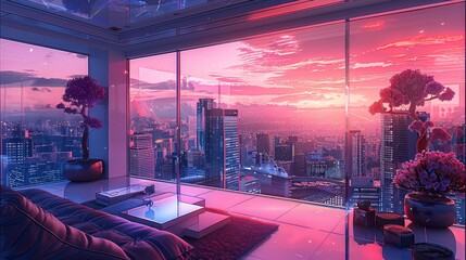 Poster - Room scene illustration, futuristic scene, pink and indigo, vibrant cityscapes. Generative AI.