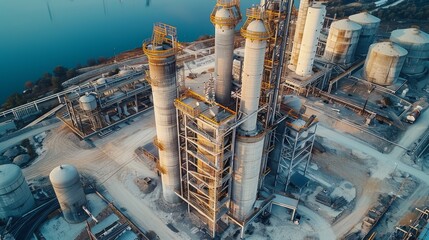Poster - Batch Manufacturing on plant of concrete products, concrete, plant, construction, tower, engineering, equipment, high, industrial, industry, machine. top view. Generative AI.