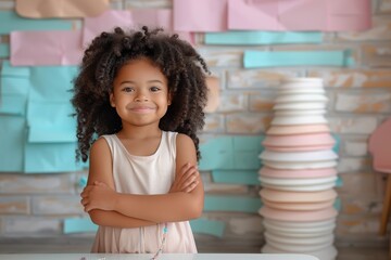 Wall Mural - A young girl with curly hair is standing in front of a wall with pink, blue