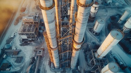 Poster - Batch Manufacturing on plant of concrete products, concrete, plant, construction, tower, engineering, equipment, high, industrial, industry, machine. top view. Generative AI.