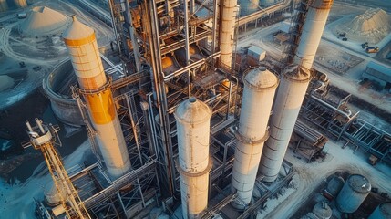 Poster - Batch Manufacturing on plant of concrete products, concrete, plant, construction, tower, engineering, equipment, high, industrial, industry, machine. top view. Generative AI.