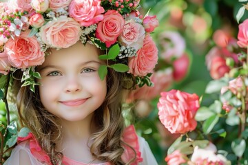 A young girl wearing a pink flower headband and holding a bouquet of pink roses