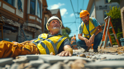 A construction worker receives first aid after a fall, surrounded by realistic building materials, tools, and caring colleagues.generative ai