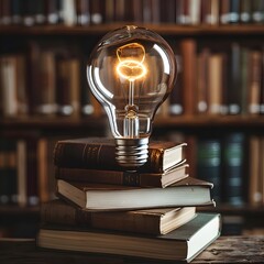 Canvas Print - Lightbulb Surrounded by Books Symbolizing Knowledge and Ideas for Concept of and Creativity