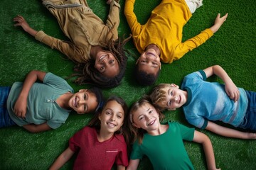 Wall Mural - A group of children are laying on the grass in a circle, smiling