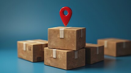 Cardboard boxes with location pin symbolizing delivery and shipment logistics on a blue background. Concept of global shipping and tracking. 3D Illustration.