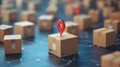 © Tackey - Cardboard shipping boxes with location pins symbolizing global logistics and delivery services in a connected network. 3D Illustration.