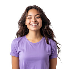 Wall Mural - A happy woman wearing a color t-shirt, smiling brightly, isolated on a transparent background