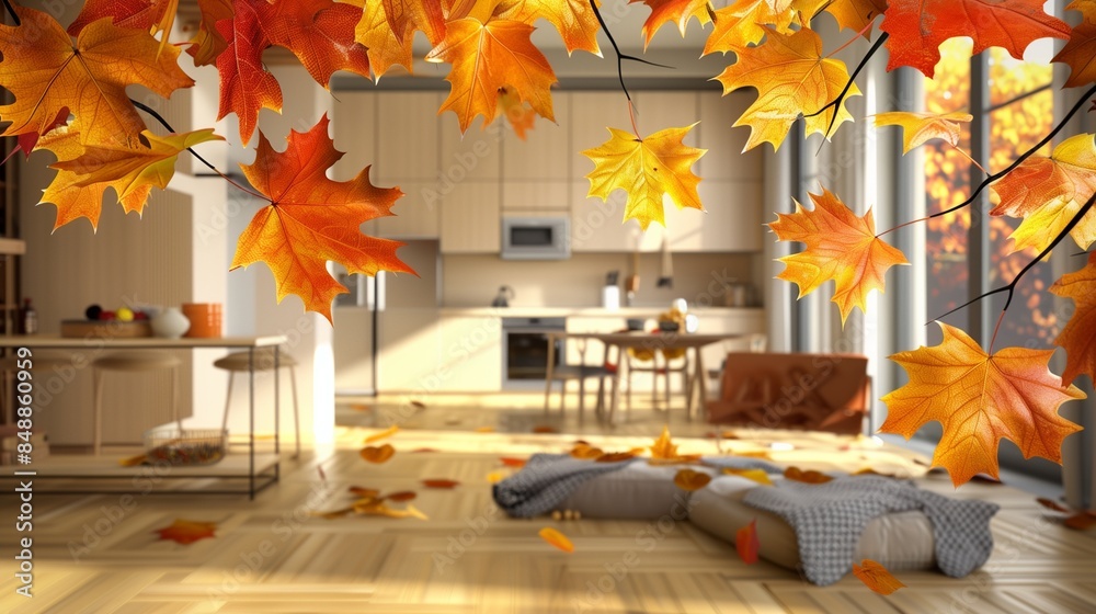 Orange yellow and red fall leaves, tree branch over interior design ...