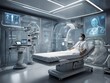 © dede - High-tech medical examination room featuring advanced robotic equipment and a doctor using augmented reality technology for patient care.