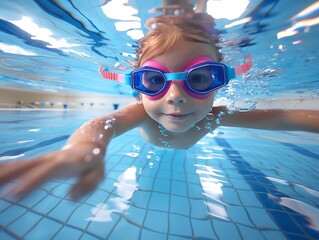 A young girl is swimming in a pool wearing goggles