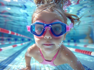 A young girl is swimming in a pool wearing goggles