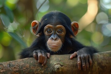 Baby Chimpanzee: A curious baby chimpanzee, hanging from a tree branch by one arm, with a mischievous expression.