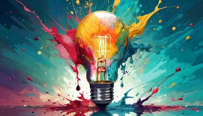 Wall Mural - Light bulb with splash of colors creative art design concept idea art design