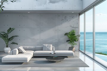 Wall Mural - The interior design of lounge and living room and concrete wall texture and sea view / 3D ing new scene new model