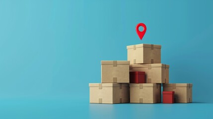 Wall Mural - Stacked cardboard boxes with a red location pin on a blue background, symbolizing delivery, shipping, and logistics. 3D Illustration.