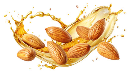 Almonds flying with oil splash on the transparent PNG background