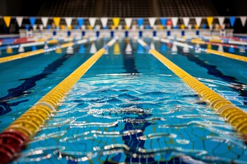 A swimming pool with blue and yellow lanes