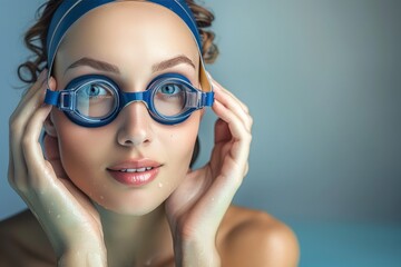 A woman with wet hair and blue goggles on her face