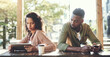 © peopleimages.com - Unhappy, couple and ignore with technology in restaurant, conflict and argument with disagreement. Dating people, woman and angry man with mobile, affair and cheating girl on tablet in relationship