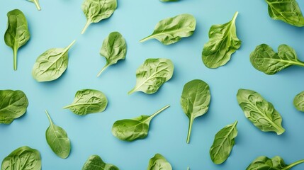 Canvas Print - Spinach and arugula paper leaves on blue backdrop Innovative plant based and artistic food display Top down perspective