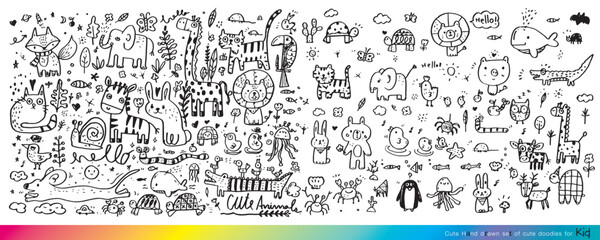 Wall Mural - Collection of hand drawn cute doodles,Doodle children drawing,Sketch set of drawings in child style,Funny Doodle Hand Drawn,Page for coloring, cute animal hand drawn, cute Doodle