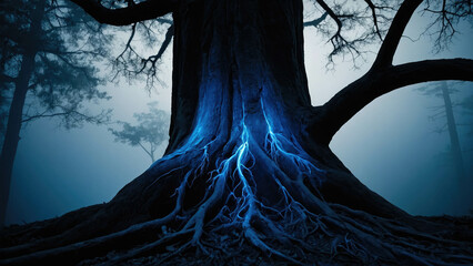 Poster - Blue energy roots imbued with energy, abstract background illustration of a tree in the dark