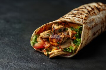 Delicious grilled chicken wrap with fresh veggies on a dark slate background