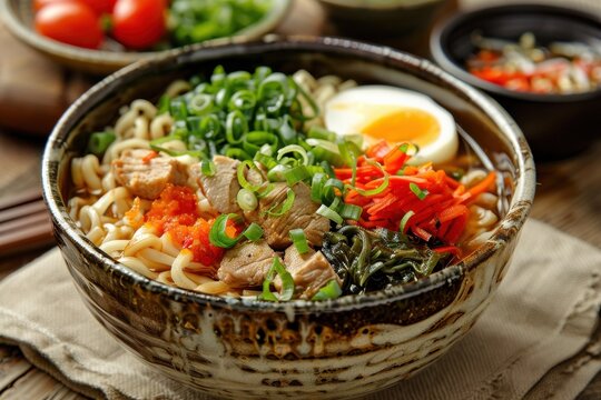 A bowl of ramen with meat and vegetables