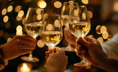 Group of friends toasting with wine glasses during a festive celebration.