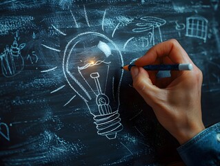 Poster - visualizing ideas lightbulb drawing on chalkboard symbolizing creativity and innovation