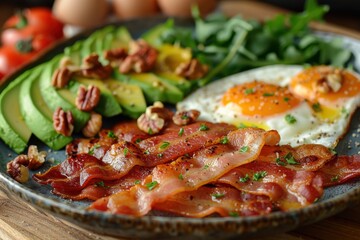 A plate of bacon, eggs, and avocado