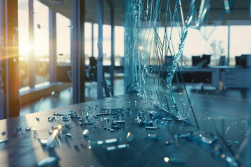 Shards of glass on a desk with a smashed window in an office setting, bathed in evening light, conveying a scene of disruption and aftermath.