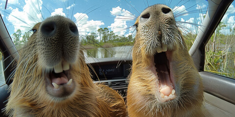 Capybara are in a car, one of them is making a funny face.
