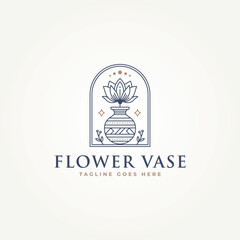 Wall Mural - simple modern beauty rose flower in a vase line art label logo badge vector illustration design