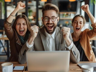 Poster - Business Team Celebrates Successful Online Launch Around Laptop